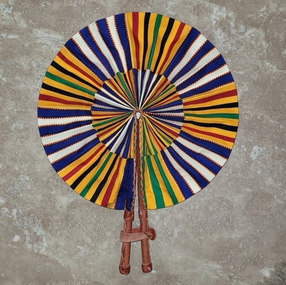 Accessories - HANDMADE Wax Cotton Print Fan w/ Leather Handle - White/Blue/Yellow - Accra, GH